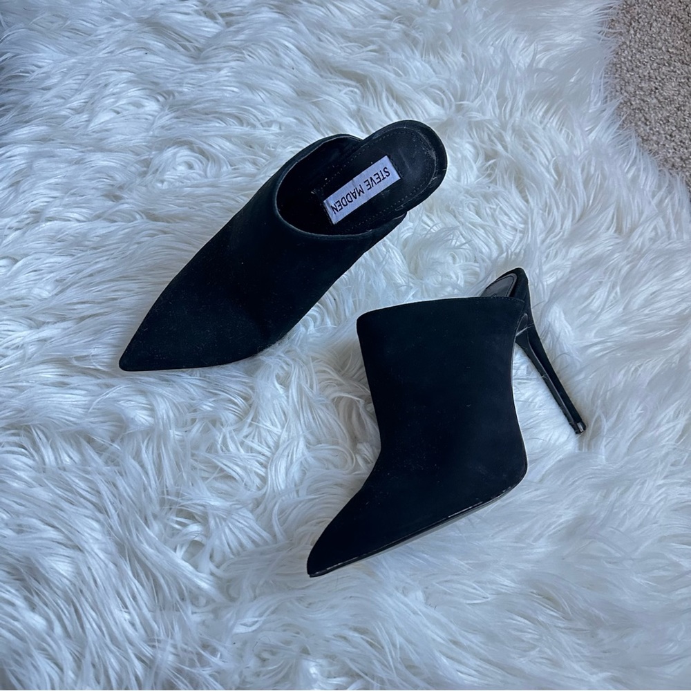 Steve Madden Sleek Black Genuine Suede Mules Size 7.5 M
